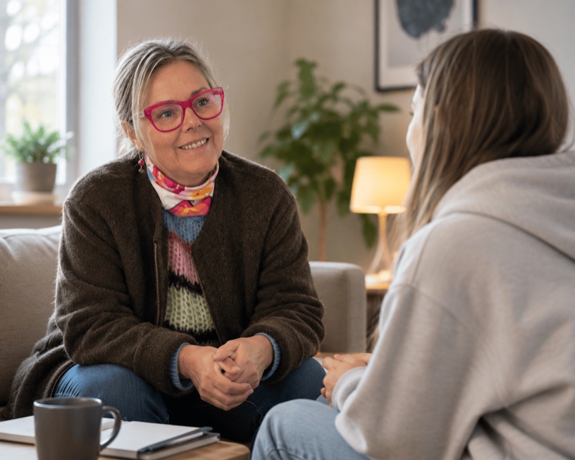 Gitte Grøndahl i samtale med en ung i klinikken